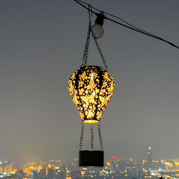 Butterfly Decor Hot Air Balloon Solar Lantern – Outdoor Decorative Hanging Light for Garden Yard Patio Porch Lawn and Pathway – Unique Housewarming, Birthday Gift for Women Mom Grandma