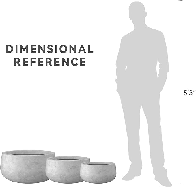 Kante 19.6",15.7",11.8" Dia Round Concrete Planters Set of 3, Outdoor Indoor Garden Plant Pots with Drainage Hole and Rubber Plug, Modern Curvaceous Design, Natural Concrete