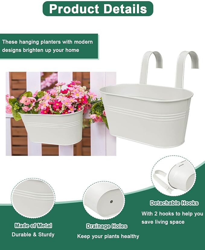 vensovo Metal Railing Planter for Outdoor Plants - 3 Pack Balcony Hanging Flower Pots with Detachable Hooks and Drain Holes Oval Bucket Rail Box Fence Planters for Home Garden Decor, White