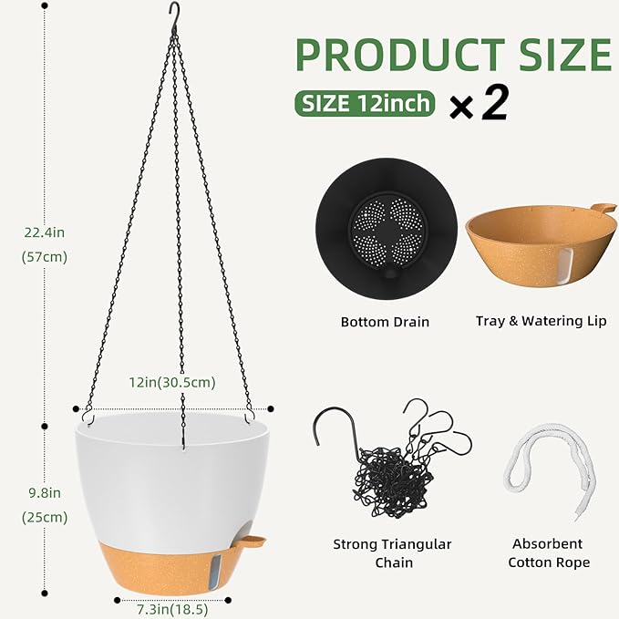 ZMTECH 12 Inch Hanging Planters for Indoor Outdoor Plants, 2 Pack Self Watering Hanging Plant Pots with Drainage Hole, Visual Reservoir, Plastic Flower Hanging Pots with Watering Lip (White)