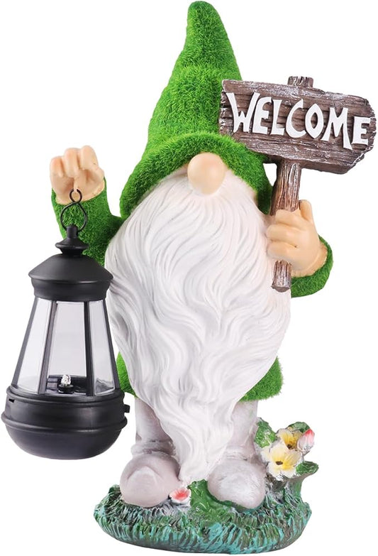 Garden Outdoor Statues, Solar Gnome Statues,Gnome Decorations with Solar Outdoor Lights for Garden Decor, Garden Sculptures & Statues for Front Porch Patio Lawn, Gifts for Mom, 13"", Green