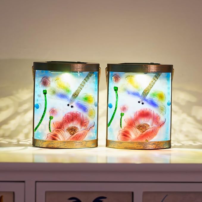Starsoul 2 Pack Hanging Solar Lantern Outdoor Waterproof Glass Dragonfly and Lotus Decorative Solar Lights for Outside Garden Yard Table Patio Decor