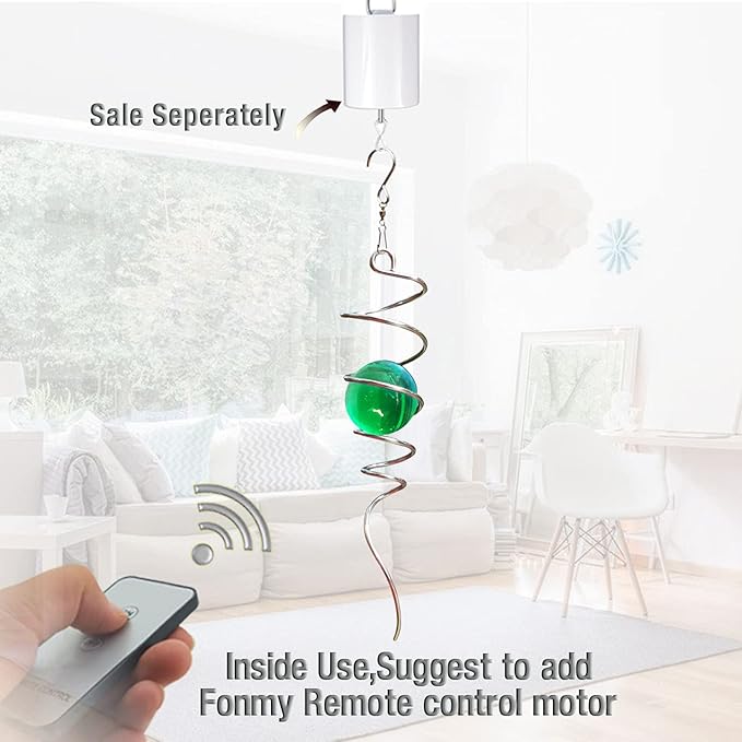 FONMY Gazing Ball Spiral Tail Wind Spinner Stabilizer with Swivel Hook 11inch Stainless Steel Tail and 2 inch Green Glass Orb. Indoor Outdoor Garden Decoration Hanging Ornaments 13 inch Height