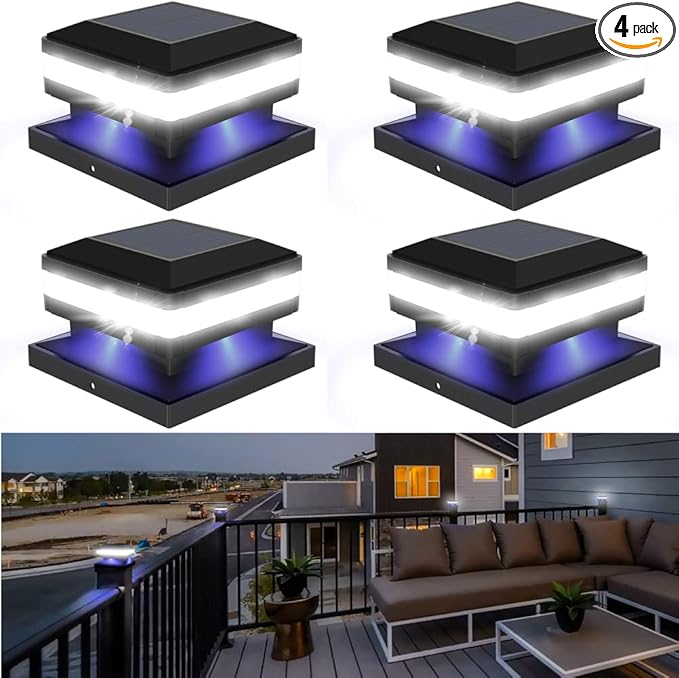 Sumaote Solar Post Lights 160LM 52 LED - 6x6 Post Cap Solar Light Outdoor Deck Fence Lights fit 4x4 5x5 6x6 Wood Posts, IP65 Waterproof for Garden Porch Patio, 6000K White Lighting, 4 Pack