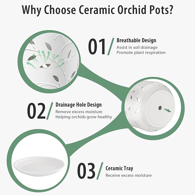 EFISPSS Orchid Pots with Holes, 7 Inch Orchid Pots with Drainage Holes and Tray, Indoor or Outdoor Ceramic Flower Pot for Orchid Care, Promoting Air Circulation and Drainage Plant Pot - White