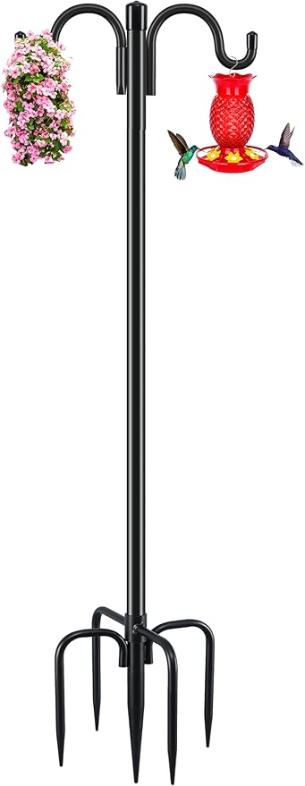 Gtongoko Double Shepherds Hook for Outdoor, 92.5 Inch Heavy Duty Bird Feeder Pole 3/4 Inch Thick Garden Hooks for Hanging Hummingbird Feeder, Plant Baskets, Solar Light Lanterns, 1 Pack