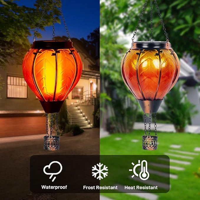 Starsoul Orange Solar Hot Air Balloon Lantern Glass Hot Air Balloon Solar Lantern with Flickering Flame Light Outdoor Solar Hanging Lights Waterproof for Garden Yard Patio