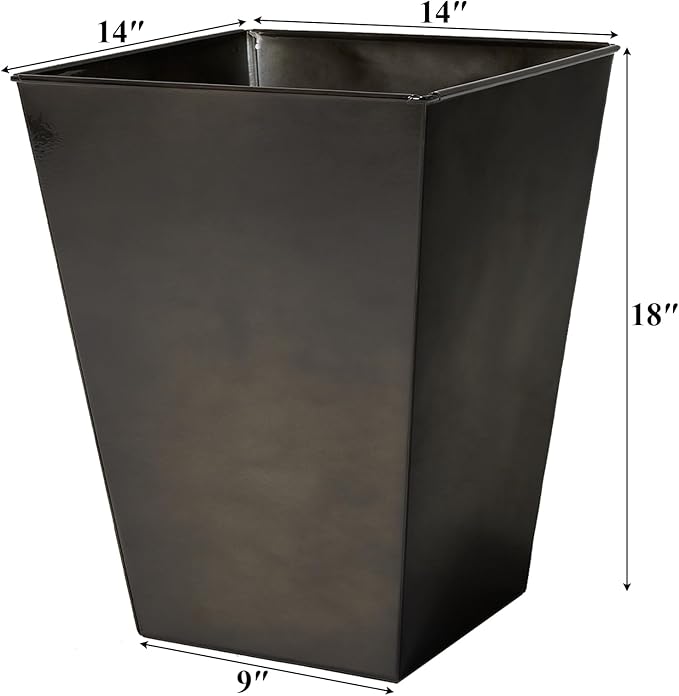 Worth Garden Large Metal Glazed Floor Planter Set of 2-14" Dia x 18" H - Luxurious Glossy Finish Black Tall Square Tapered Steel Plant Pots, Decor Flower Pot Indoor & Outdoor, Drainage Hole