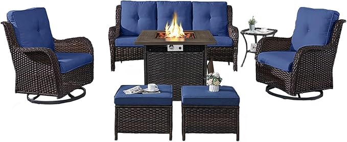 Outdoor Patio Furniture Set with Propane Fire Pit Table, 7 Pieces Wicker Patio Conversation Set with 2 Swivel Glider Rocker Chairs Rattan Sofa Blue Cushion Perfect for Casual Gathering