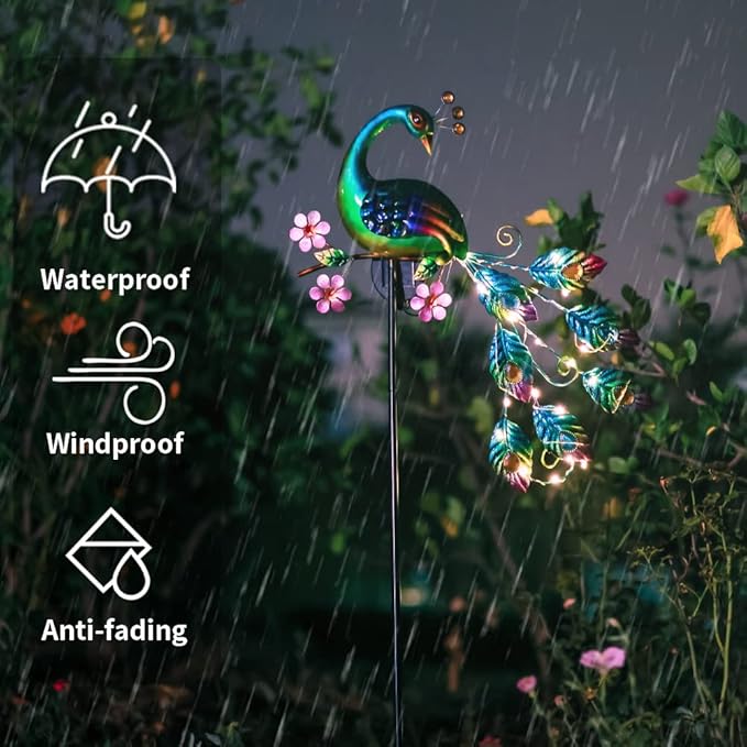 VEWOGARDEN Peacock Solar Lights Outdoor Metal Solar Garden Lights Solar Pathway Lights Outdoor Waterproof LED for Patio Lawn Yard Decorations