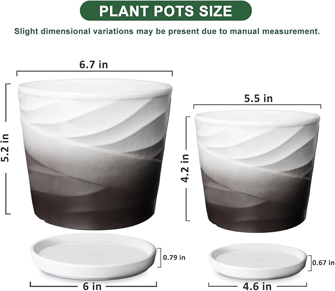 Ceramic Plant Pots,6.7 + 5.5 Inch,Set of 2,Planters with Drainage Hole and Saucer,Flower pots for Indoor Plants,Modern Design(Dark Gray+White)
