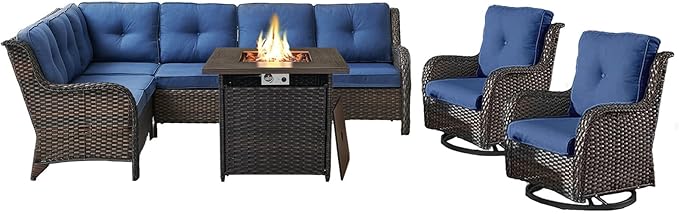 Outdoor Sectional Sofa Furniture Set with Propane Fire Pit Table, Wicker Patio Conversation Set with 2 Swivel Glider Rocker Chairs Blue Cushion Perfect for Backyard Casual Gathering