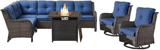 Outdoor Sectional Sofa Furniture Set with Propane Fire Pit Table, Wicker Patio Conversation Set with 2 Swivel Glider Rocker Chairs Blue Cushion Perfect for Backyard Casual Gathering
