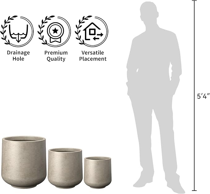 Kante 15.3" Dia Round Concrete Planter, Outdoor Indoor Large Plant Pots Containers with Drainage Hole and Rubber Plug for Home Garden Patio, Buff Concrete