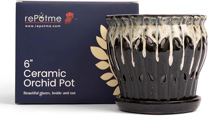 rePotme 6" Pinwheel Fluted Ceramic Plant Pot (Honey Cream Over Coffee) - - Includes Free 6 inch Slotted Pot Liner - Great for Orchids, Succulents, and All Indoor Plants