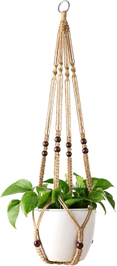 Mkono Macrame Plant Hanger Indoor Jute Hanging Planter Basket with Wood Beads Decorative Flower Pot Holder No Tassels for Indoor Outdoor Boho Home Decor 35 Inch, Brown, Set of 1 (POTS NOT Included)
