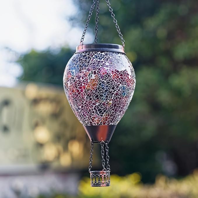 DREAMSOUL Mosaic Hot Air Balloon Solar Lantern with LED Light, Hanging Glass Solar Lanterns Outdoor Waterproof for Garden Patio Porch Decor