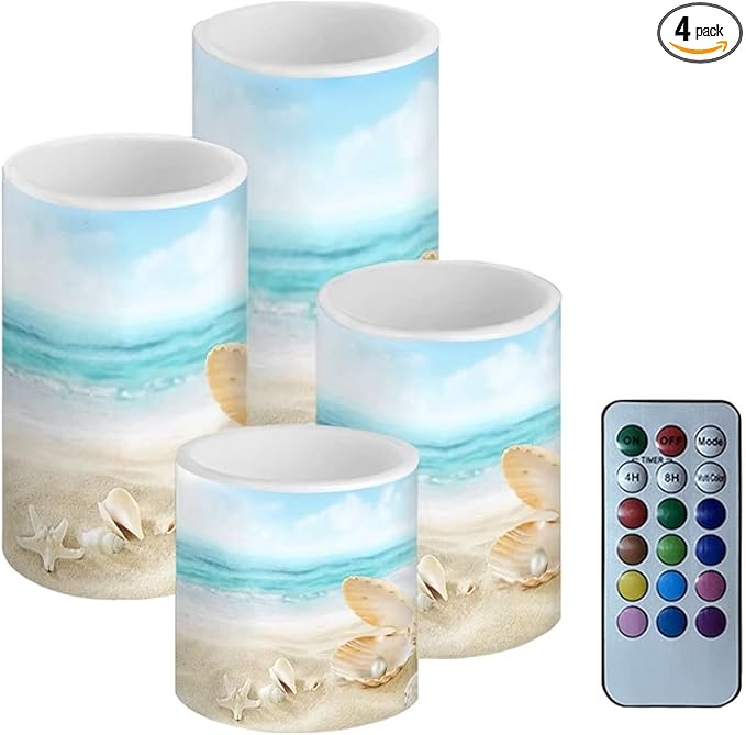 Flameless LED Battery Candles 4PCS Pillar Candles with 18-Key Timer Remote Colorful Light for Party Celebration Decor, Beach Mussel Starfish Seashell