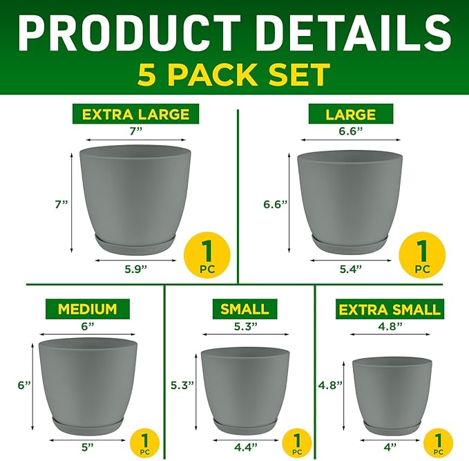 Planter Pots with Drainage Holes - Lightweight, Durable & Space-Saving Pots for Indoor and Outdoor - Versatile Functionality, Simple Modern Design, Set of 5 Plastic Planter Pots - Gray