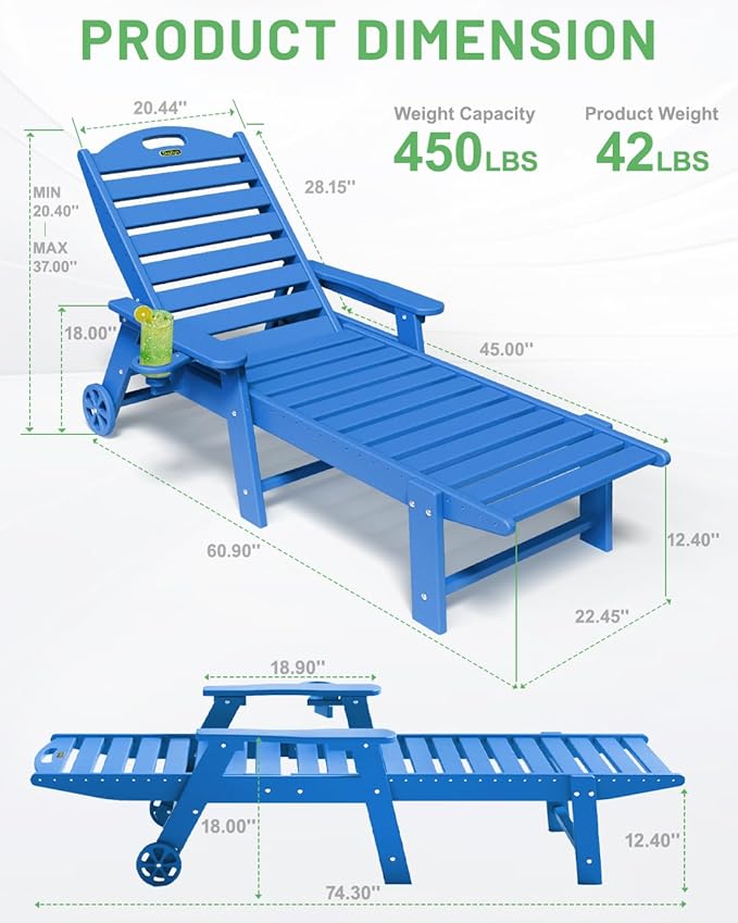 Lounge Chair Outdoor Set of 2, HDPE Chaise Lounge Chair Outdoor with 6-Position & Wheels &Cup Holder, Pool Lounge Chair for Pool Poolside Deck Backyard Patio, Navy Blue