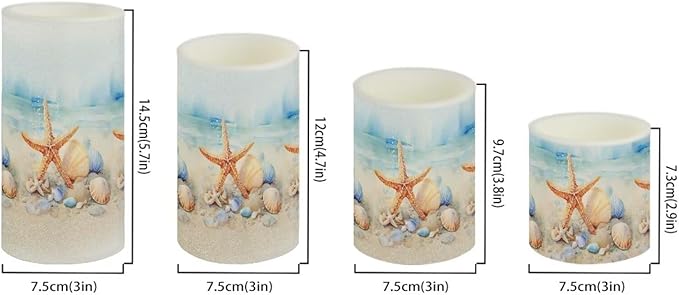 Flameless Candles Battery Powered LED Candles with Remote Timer Color Changing Control Long Lasting for Indoor Outdoor Home Coastal Decoration Pack of 4, Starfish Seashell Painting