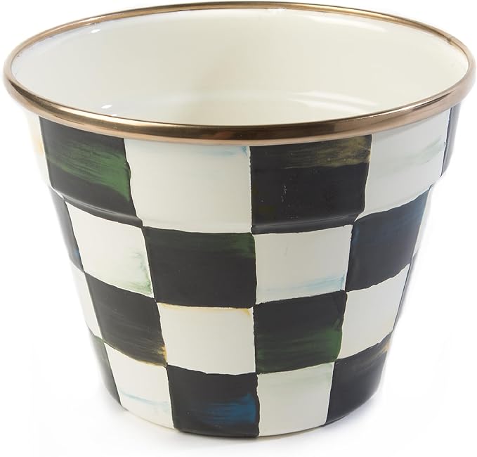 MACKENZIE-CHILDS Enamel Garden Pot, Planting Pot for Plants and Flowers, Small, Black-and-White Courtly Check