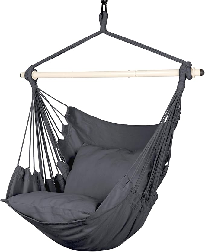 Highwild Hammock Chair Hanging Rope Swing - Max 500 Lbs - 2 Cushions Included - Steel Spreader Bar with Anti-Slip Rings - for Any Indoor or Outdoor Spaces (Grey)