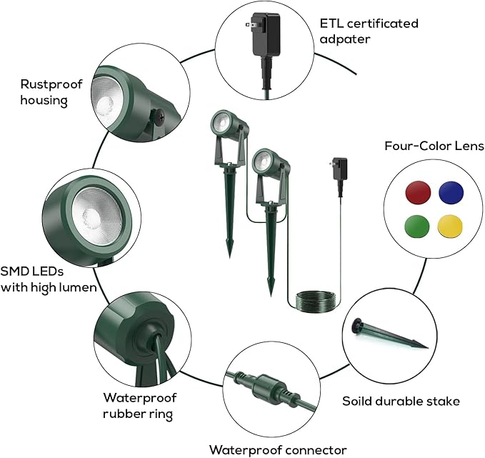 ZYAN 8 Pack Outdoor Landscape Lighting with 8 Colorful Lens and Power Supply, Green Shell