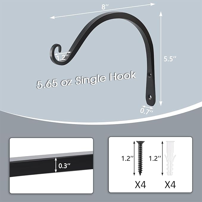 Gtongoko 2 Pack 8 Inch Plant Hangers Outdoor Metal Hanging Plant Bracket Bird Feeder Plant Hooks for Hanging Flower Basket, Wind Chimes, Solar Lanterns, Black