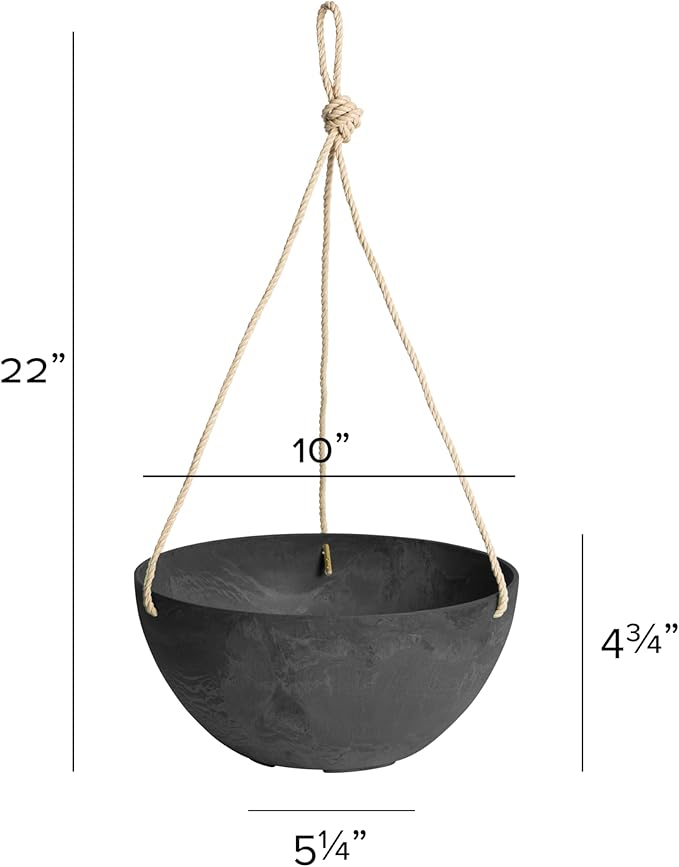 Root & Vessel Self Watering Hanging Planter for Indoor or Outdoor Plants, Unique Marbled Hanging Basket Made of Eco-Friendly Blend of Stone & Plastic, Black, 10"
