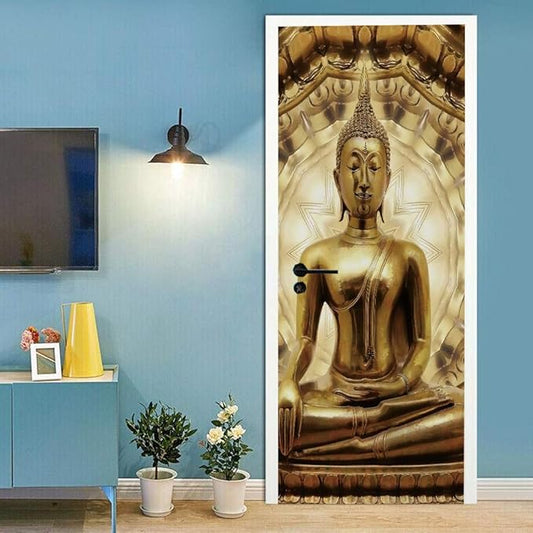 3D Door Stickers Murals - Buddha Statue - Peel & Stick Wallpaper - Self-Adhesive Decals - Removable PVC Waterproof Door Poster - 37.4" x 84.6" for Bedroom & Living Room
