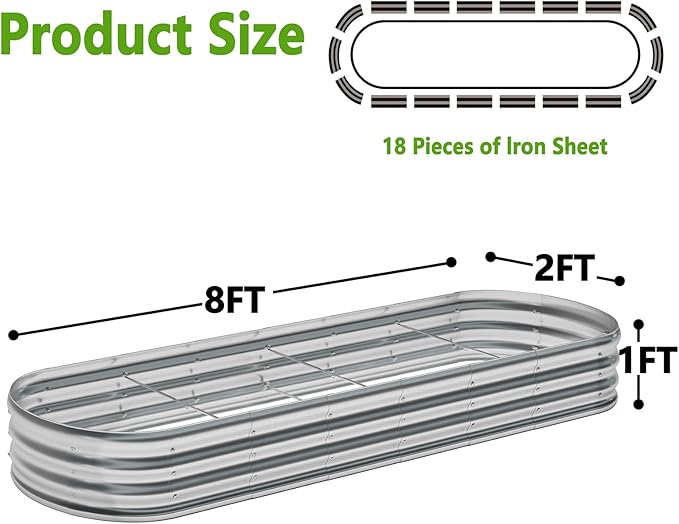 zizin Galvanized Raised Garden Bed Metal Oval Raised Garden Beds Outdoor Planter Box for Vegetables (8x2x1FT, Silver)