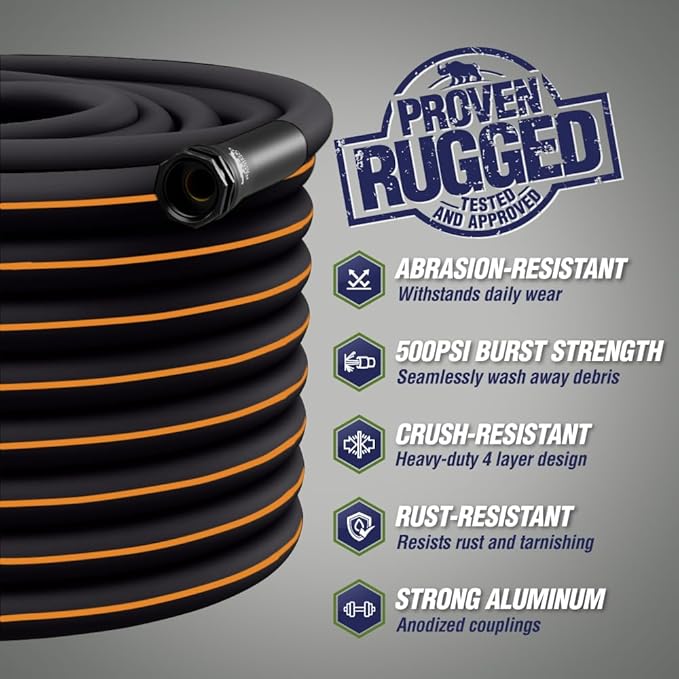 Rugged Rhino Heavy Duty Flexible Light Weight Garden Hose, 50ft x 5/8in, 4 Layer Leakproof Outdoor Gardening Tools, Watering Supplies, Powerful Water Pressure for Lawn, Flowers, Black Orange