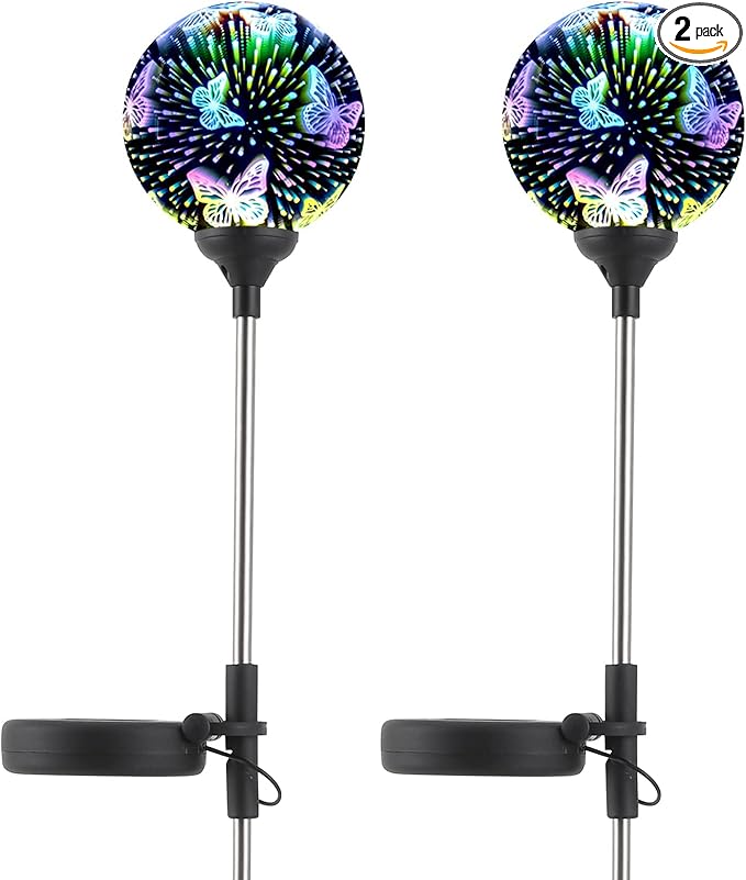 WNP Solar Outdoor Garden Light Decoration,Colorful Landscape Ball Stake Lights,2 Pack Outside Garden Light Decorative,Yard Solar Lights Waterproof Glass Decor Patio Path (2 Pack Butterfly)