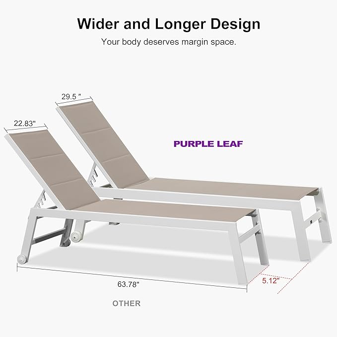 PURPLE LEAF Outdoor Chaise Lounge Set Oversize Adjustable Sunbathing Recliner Extra Wide Lounge Chairs with Side Table for Poolside Beach Outside Patio Aluminum Chaise Lounger Khaki