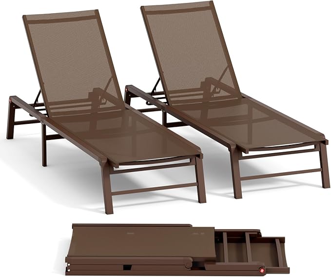 Aluminum Chaise Lounge Chair Outdoor, Foldable Patio Lounge Chair 2 Sets Assemble-Free, Pool Lounge Chairs with 5 Adjustable Backrest, Outdoor Lounge Chairs for Outside Poolside Beach Lawn Brown