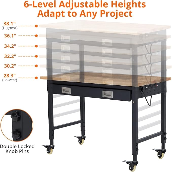 48'' Adjustable Workbench on Wheels, 2000LBS Heavy Duty Worktable with Power Outlets & Drawers & Pegboard, Rubberwood Workstation for Workshop, Garage, Office, Home
