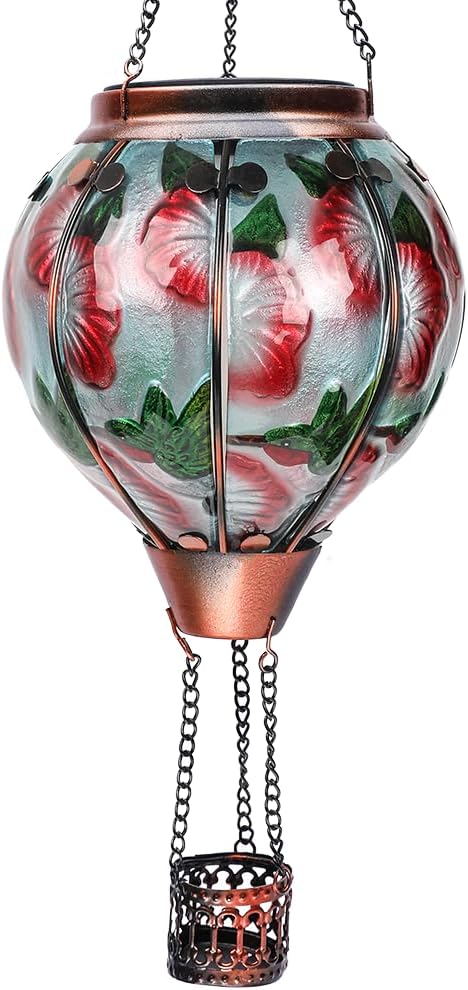 Hot Air Balloon Solar Lantern with Flickering Flame Hanging Solar Lanterns Outdoor Lights Waterproof Lanterns Decorative Garden Patio Yard Party Decor Hummingbirds&Red Flowers