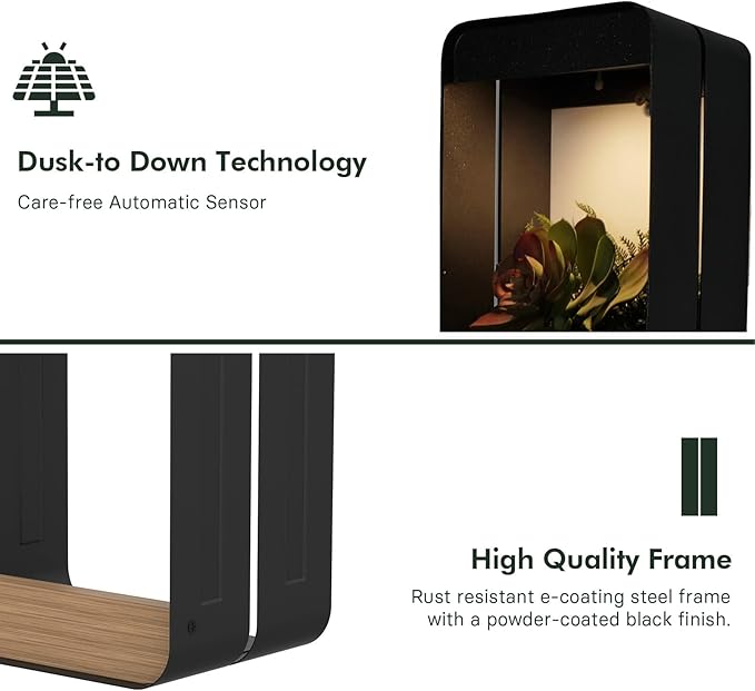 Grand patio Solar Outdoor Power Wall Sconce Shelf Planter, Waterproof Decor LED Wall Light Lamp with Woodgrain for Patio, Porch, Solar Energy, Black(S-Rectangle)