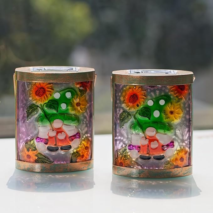 Starsoul 2 Pack Hanging Solar Lantern Outdoor Waterproof Glass Gnome and Sunflowers Decorative Solar Lights for Outside Garden Yard Table Patio Decor