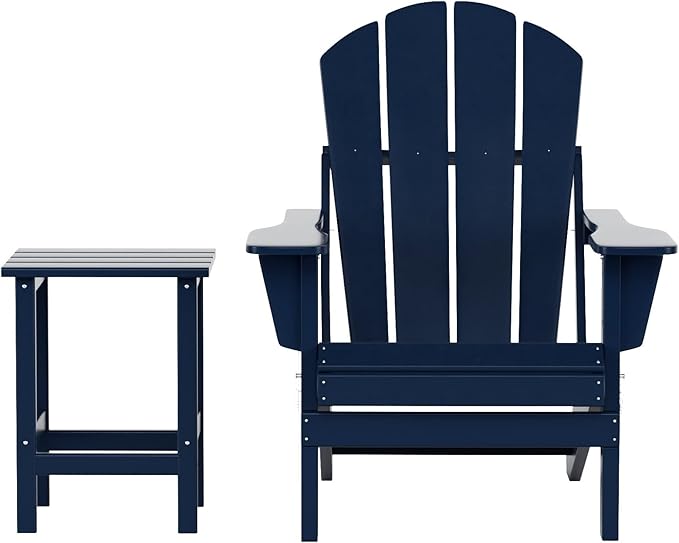 WO Home Furniture Adirondack Chair Table Set of 2 PCS Outdoor Folding Chair w Side Table Weather/UV Resistant for Lawn, Garden, Bon Fire, Balcony (Navy Blue)