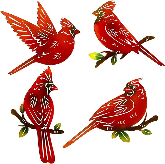 4 Pack Metal Cardinal Wall Art Decor Metal Birds 3D Outdoor Sculpture, Ornaments Hand-Made Nimble red Bird, Gifts for Mom,Birthday Gifts for Grandma Wife
