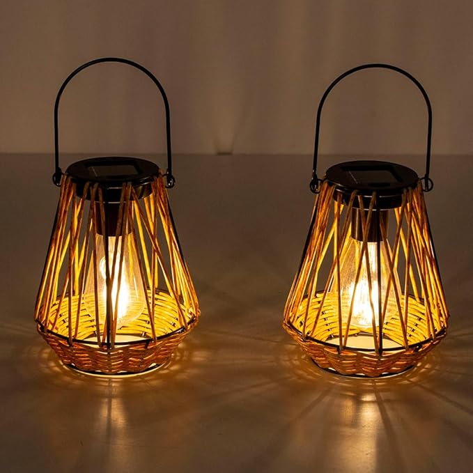 Solar Lanterns,2 Pack Hanging Solar Lantern Outdoor Lanterns for Patio Waterproof,Rattan Lantern with Handle,Decorative Retro Rattan Lights for Yard