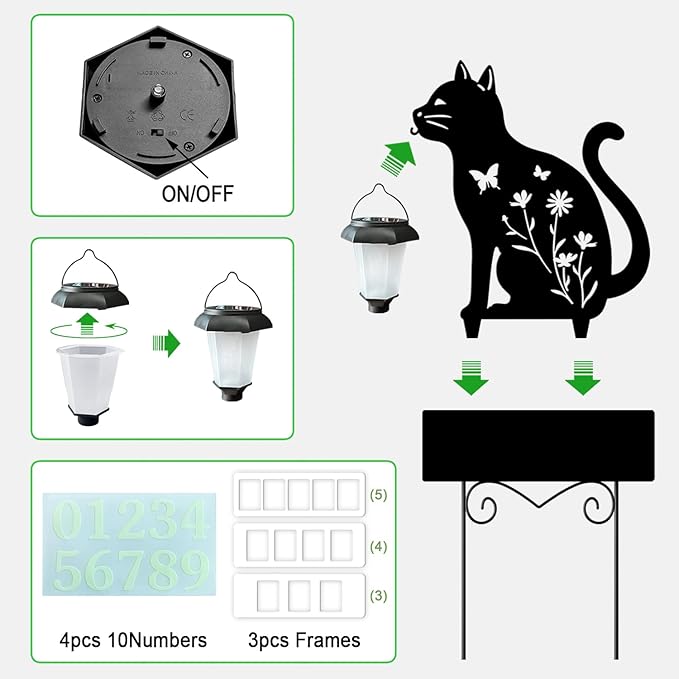 Address Signs for Houses,YY Gardenia Solar Lantern Garden Stake with Glow in the Dark House Numbers-Waterproof Outdoor Yard Sign with Solar Power-Elegant Garden Decor (Cat Black)