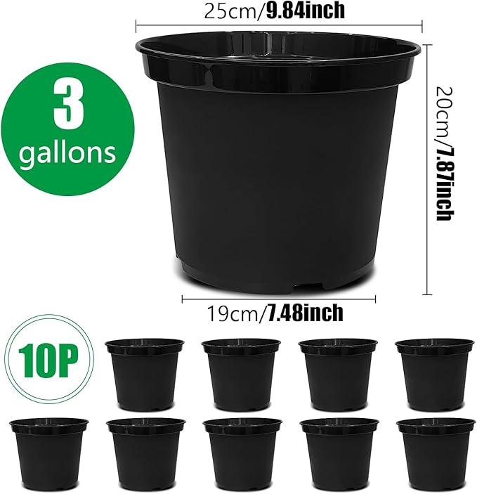 3 Gallon Plastic Nursery Pots, 10 Inch Round Plant Pots with Drainage Holes, 10 Pack Planting Pot for Outdoor Indoor Plants, Black
