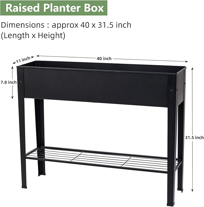 Raised Garden Bed, Elevated Planter Black Metal Plant Box with Legs Standing Garden Stand Drainage Holes Black (Black 40" L x 11" W x 31" H)