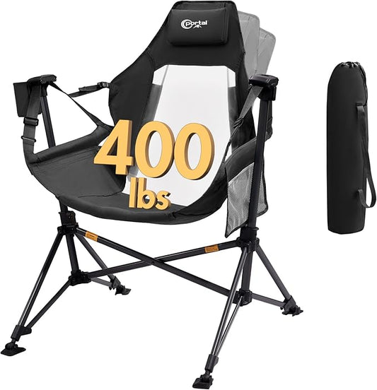 Portal Hammock Camping Chair, Portable Outdoor Swinging Chairs, Rocking Chair for Adults with Adjustable Back and Height for Lawn, Backyard, Patio, Supports 400 lbs, Breathable Mesh High Back, Black