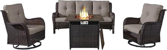 Outdoor Patio Furniture Set with 50000BTU Propane Fire Pit Table, 4 Pieces Wicker Patio Conversation Set with 2 Swivel Rocker Glider Chairs Rattan Sofa Grey Cushion Perfect for Gathering