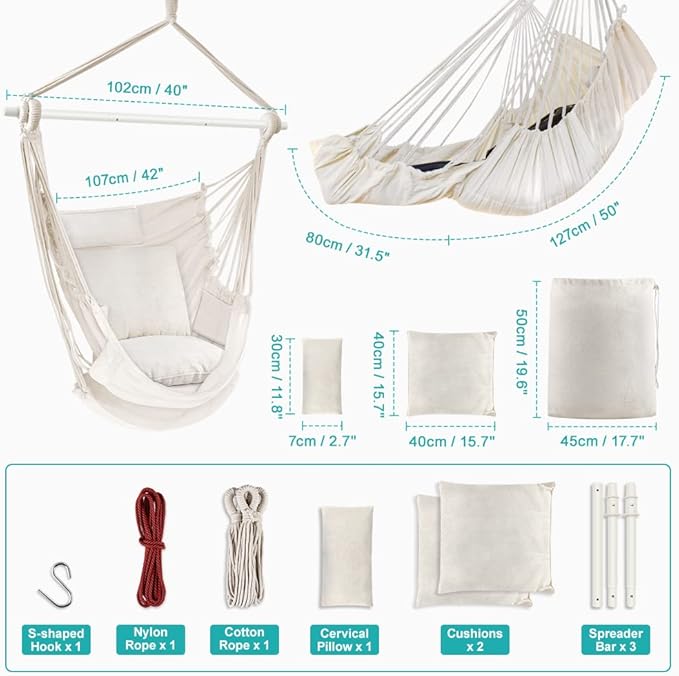Outerman Hammock Chair, Hanging Chair with 3 Cushions and Foot Rest Support, Sturdy Metal Spreader Bar Max 440 Lbs, Swing Chair for Bedroom, Indoor & Outdoor, Patio, Porch or Tree（White）