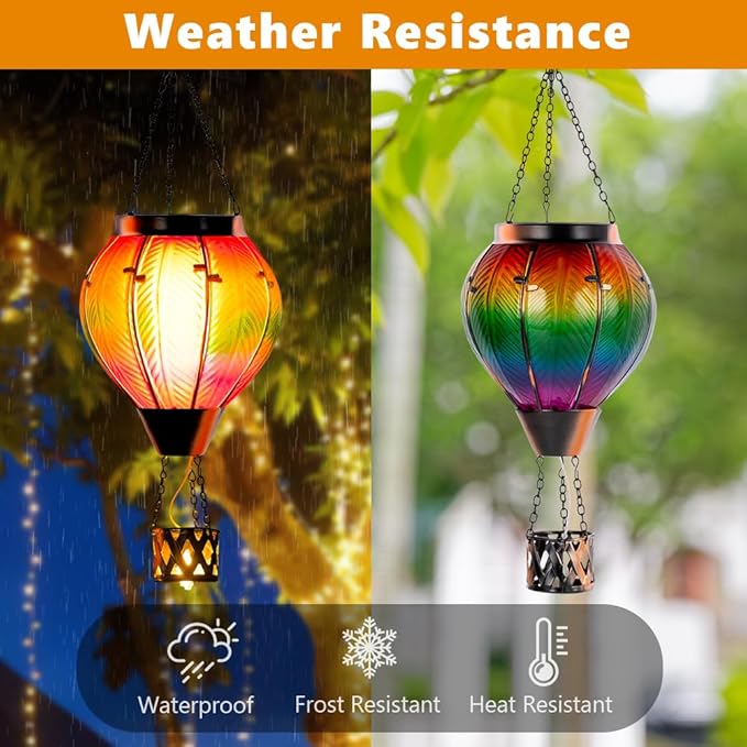 Starsoul 2PCS Hot Air Balloon Solar Lantern Colorful Solar Hot Air Balloon Lantern with Flame Light Waterproof Hanging Outdoor Lantern with Candle Holder for Patio Garden Yard Farmhouse Decor